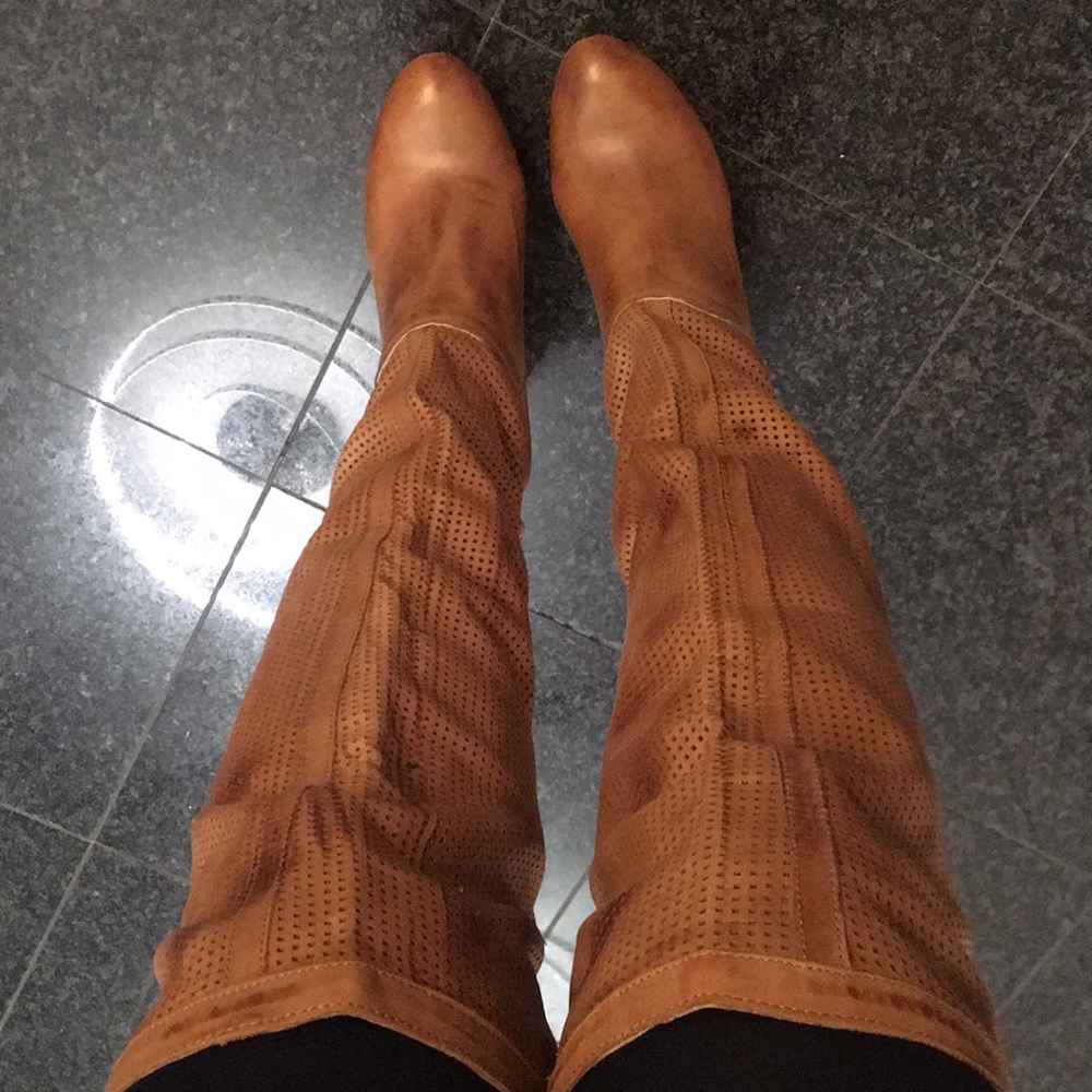 Over-the-knee slouchy leather wood platform boots